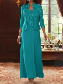 Party Dress For Mother Of The Bride Square Neck 3/4 Length Sleeves Two-piece Lace Guest Dresses For Wedding