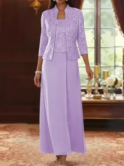 Party Dress For Mother Of The Bride Square Neck 3/4 Length Sleeves Two-piece Lace Guest Dresses For Wedding