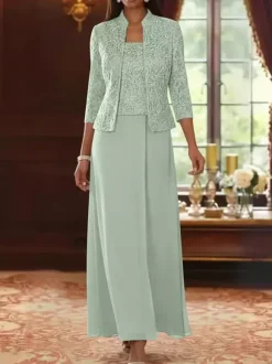 Party Dress For Mother Of The Bride Square Neck 3/4 Length Sleeves Two-piece Lace Guest Dresses For Wedding