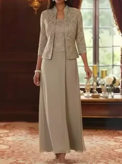 Party Dress For Mother Of The Bride Square Neck 3/4 Length Sleeves Two-piece Lace Guest Dresses For Wedding