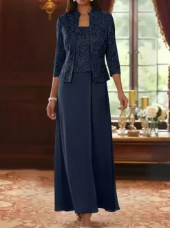 Party Dress For Mother Of The Bride Square Neck 3/4 Length Sleeves Two-piece Lace Guest Dresses For Wedding