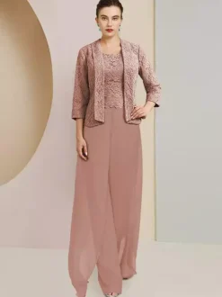 Party Dress For Mother Of The Bride Jewel Neck 3/4 Length Sleeves Two-piece Lace Wedding Guest Dresses