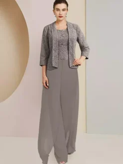 Party Dress For Mother Of The Bride Jewel Neck 3/4 Length Sleeves Two-piece Lace Wedding Guest Dresses
