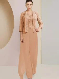 Party Dress For Mother Of The Bride Jewel Neck 3/4 Length Sleeves Two-piece Lace Wedding Guest Dresses