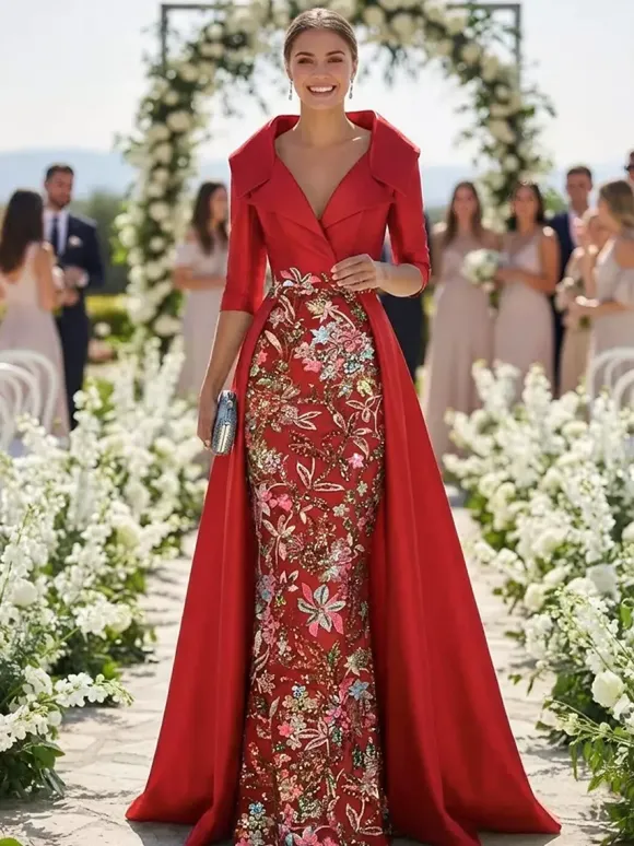 Party Dress For Mother Of The Bride V-Neck 3/4 Length Sleeves A-Line Lace Guest Dresses For Wedding