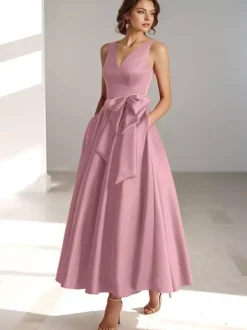Party Dress For Mother Of The Bride V-Neck Sleeveless A-Line Bows Guest Dresses For Wedding