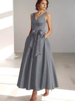 Party Dress For Mother Of The Bride V-Neck Sleeveless A-Line Bows Guest Dresses For Wedding