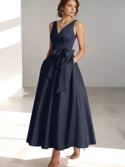 Party Dress For Mother Of The Bride V-Neck Sleeveless A-Line Bows Guest Dresses For Wedding