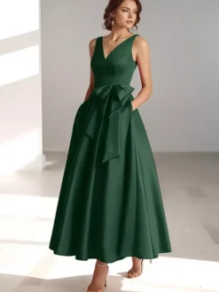 Party Dress For Mother Of The Bride V-Neck Sleeveless A-Line Bows Guest Dresses For Wedding