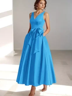 Party Dress For Mother Of The Bride V-Neck Sleeveless A-Line Bows Guest Dresses For Wedding