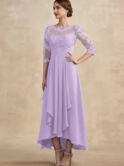 Party Dress For Mother Of The Bride Jewel Neck 3/4 Length Sleeves A-Line Lace Guest Dresses For Wedding