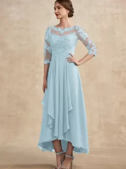 Party Dress For Mother Of The Bride Jewel Neck 3/4 Length Sleeves A-Line Lace Guest Dresses For Wedding