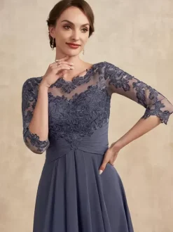 Party Dress For Mother Of The Bride Jewel Neck 3/4 Length Sleeves A-Line Lace Guest Dresses For Wedding