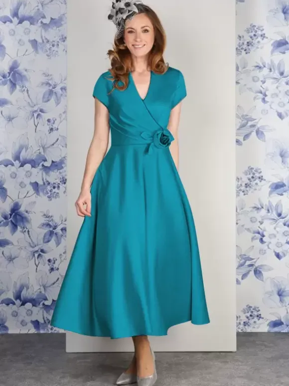 Party Dress For Mother Of The Bride V-Neck Short Sleeves A-Line Flowers Ankle-Length Guest Dresses For Wedding