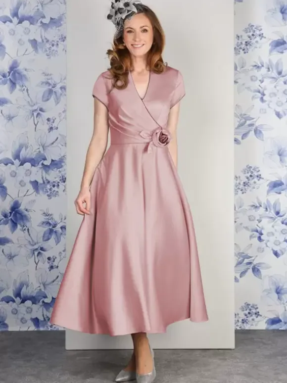 Party Dress For Mother Of The Bride V-Neck Short Sleeves A-Line Flowers Ankle-Length Guest Dresses For Wedding