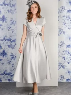 Party Dress For Mother Of The Bride V-Neck Short Sleeves A-Line Flowers Ankle-Length Guest Dresses For Wedding