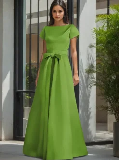 Party Dress For Mother Of The Bride Jewel Neck Short Sleeves A-Line Sash Wedding Guest Dresses