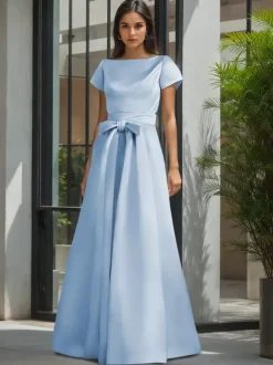 Party Dress For Mother Of The Bride Jewel Neck Short Sleeves A-Line Sash Wedding Guest Dresses