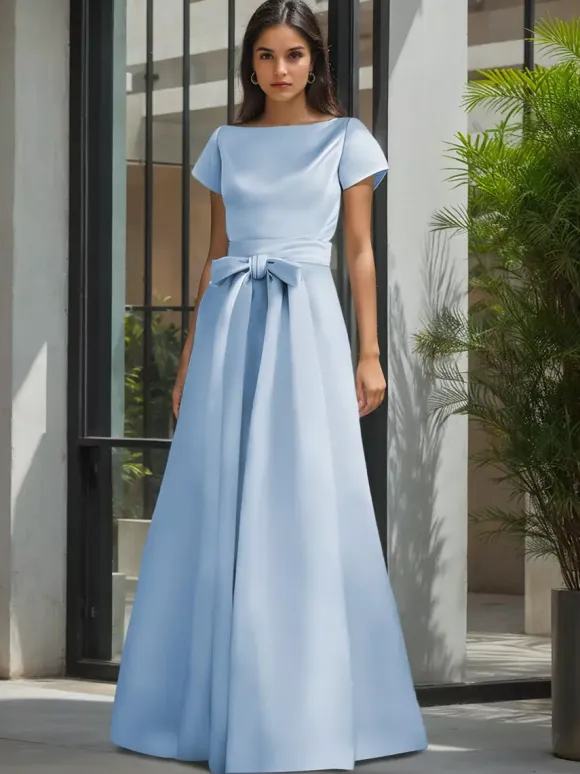 Party Dress For Mother Of The Bride Jewel Neck Short Sleeves A-Line Sash Wedding Guest Dresses