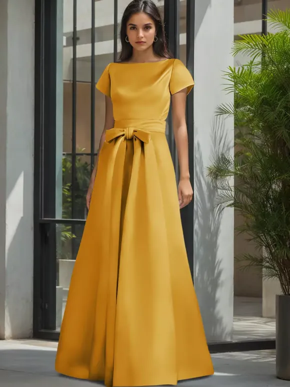 Party Dress For Mother Of The Bride Jewel Neck Short Sleeves A-Line Sash Wedding Guest Dresses