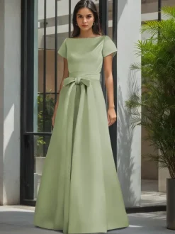 Party Dress For Mother Of The Bride Jewel Neck Short Sleeves A-Line Sash Wedding Guest Dresses