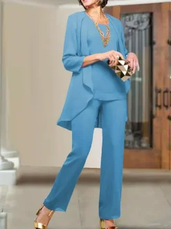Party Dress For Mother Of The Bride Jewel Neck 3/4 Length Sleeves Sheath Tiered Floor-Length Wedding Guest Dresses