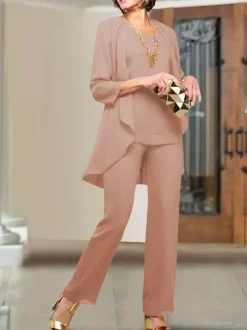 Party Dress For Mother Of The Bride Jewel Neck 3/4 Length Sleeves Sheath Tiered Floor-Length Wedding Guest Dresses
