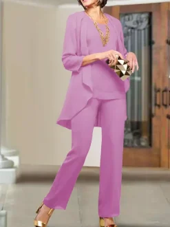 Party Dress For Mother Of The Bride Jewel Neck 3/4 Length Sleeves Sheath Tiered Floor-Length Wedding Guest Dresses