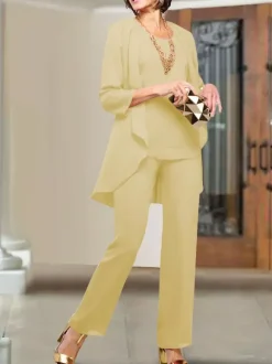 Party Dress For Mother Of The Bride Jewel Neck 3/4 Length Sleeves Sheath Tiered Floor-Length Wedding Guest Dresses