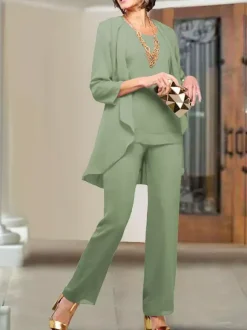 Party Dress For Mother Of The Bride Jewel Neck 3/4 Length Sleeves Sheath Tiered Floor-Length Wedding Guest Dresses