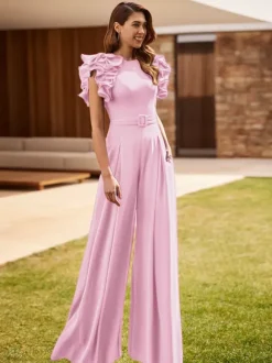 Party Dress For Mother Of The Bride Jewel Neck Sleeveless Jumpsuit Ruffles Wedding Guest Dresses