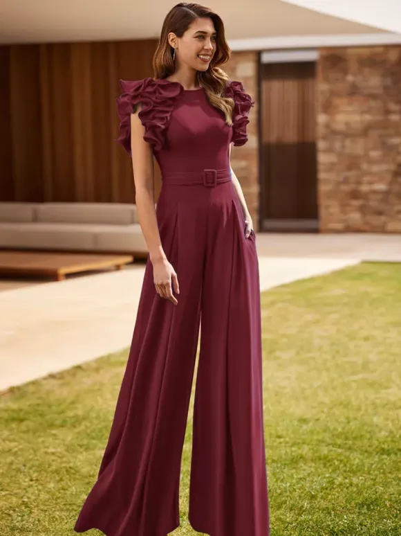 Party Dress For Mother Of The Bride Jewel Neck Sleeveless Jumpsuit Ruffles Wedding Guest Dresses