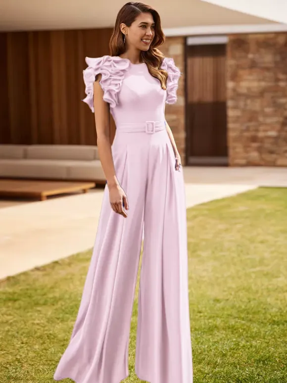 Party Dress For Mother Of The Bride Jewel Neck Sleeveless Jumpsuit Ruffles Wedding Guest Dresses