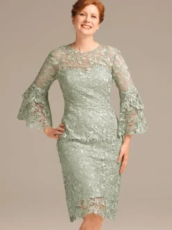 Party Dress For Mother Of The Bride Jewel Neck 3/4 Length Sleeves Short Lace Knee-Length Guest Dresses For Wedding