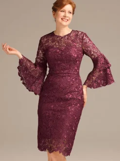 Party Dress For Mother Of The Bride Jewel Neck 3/4 Length Sleeves Short Lace Knee-Length Guest Dresses For Wedding