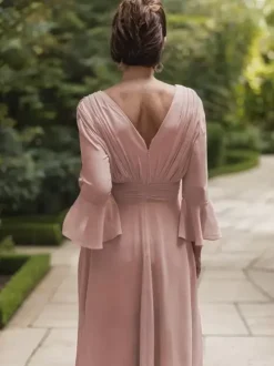Party Dress For Mother Of The Bride V-Neck Long Sleeves A-Line Ruffles Floor-Length Wedding Guest Dresses
