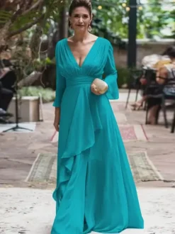 Party Dress For Mother Of The Bride V-Neck Long Sleeves A-Line Ruffles Floor-Length Wedding Guest Dresses