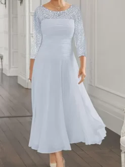 Party Dress For Mother Of The Bride Jewel Neck Long Sleeves A-Line Lace Guest Dresses For Wedding