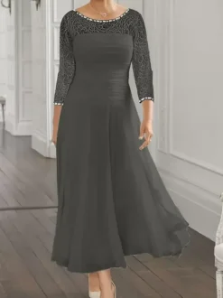 Party Dress For Mother Of The Bride Jewel Neck Long Sleeves A-Line Lace Guest Dresses For Wedding