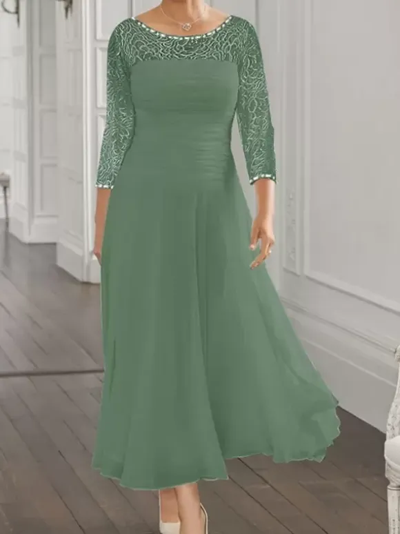 Party Dress For Mother Of The Bride Jewel Neck Long Sleeves A-Line Lace Guest Dresses For Wedding