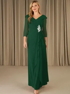 Party Dress For Mother Of The Bride V-Neck 3/4 Length Sleeves A-Line Applique Floor-Length Guest Dresses For Wedding
