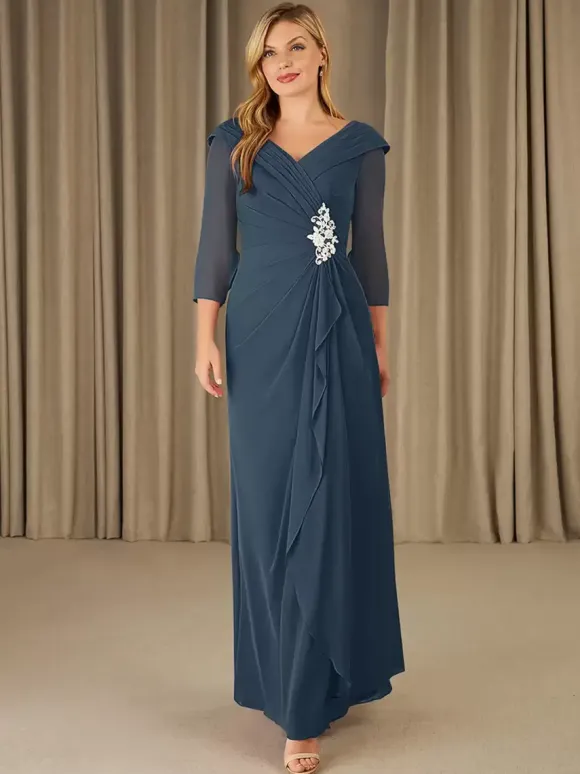 Party Dress For Mother Of The Bride V-Neck 3/4 Length Sleeves A-Line Applique Floor-Length Guest Dresses For Wedding