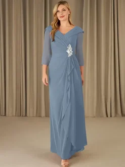 Party Dress For Mother Of The Bride V-Neck 3/4 Length Sleeves A-Line Applique Floor-Length Guest Dresses For Wedding