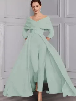 Party Dress For Mother Of The Bride Designed Neckline 3/4 Length Sleeves Jumpsuit Sash Floor-Length Wedding Guest Dresses