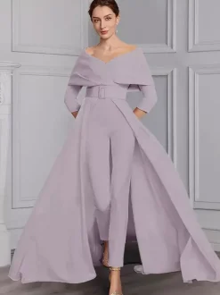 Party Dress For Mother Of The Bride Designed Neckline 3/4 Length Sleeves Jumpsuit Sash Floor-Length Wedding Guest Dresses
