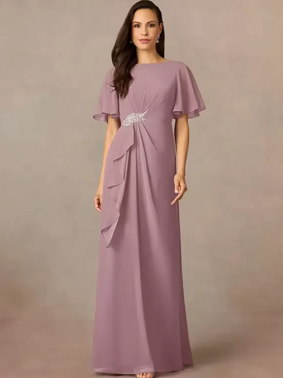 Party Dress For Mother Of The Bride Jewel Neck Short Sleeves A-Line Pleated Wedding Guest Dresses