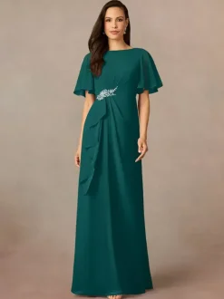Party Dress For Mother Of The Bride Jewel Neck Short Sleeves A-Line Pleated Wedding Guest Dresses