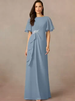 Party Dress For Mother Of The Bride Jewel Neck Short Sleeves A-Line Pleated Wedding Guest Dresses