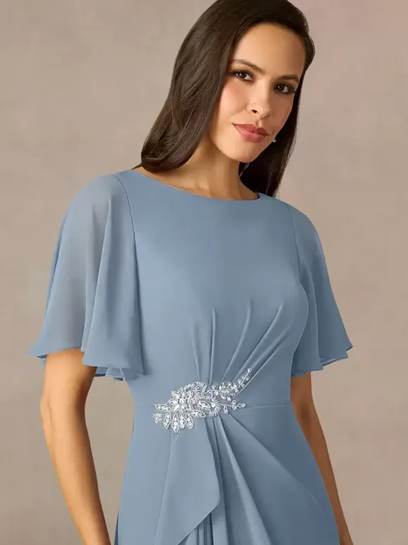 Party Dress For Mother Of The Bride Jewel Neck Short Sleeves A-Line Pleated Wedding Guest Dresses