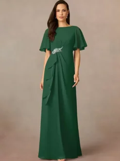 Party Dress For Mother Of The Bride Jewel Neck Short Sleeves A-Line Pleated Wedding Guest Dresses